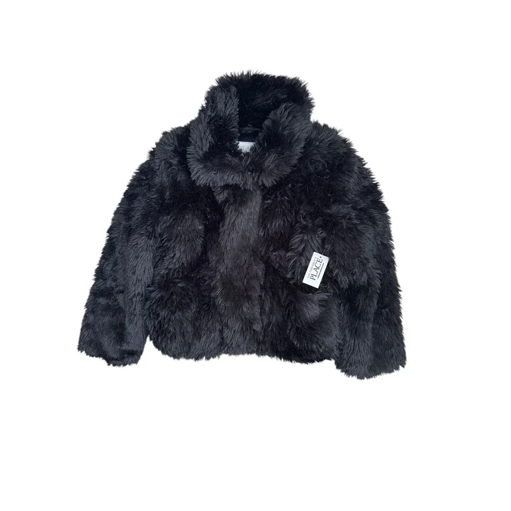 The Childrens Place Girls Faux Fur Coat Black Jacket Size M 7/8 NEW NWT